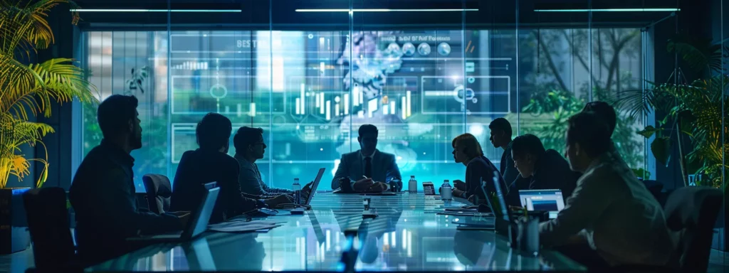 a small business office filled with anxious employees gathered around a conference table, analyzing ai integration challenges on digital screens, illuminated by focused overhead lighting that casts sharp shadows, highlighting their expressions of concern and determination.