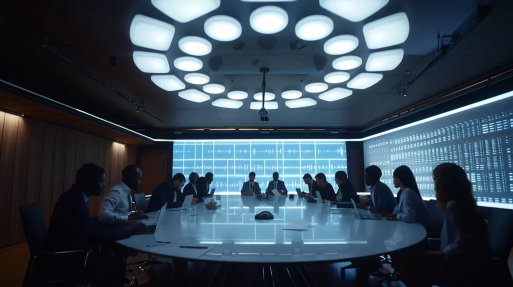 inside a modern office, a diverse group of professionals intently collaborates around a sleek conference table, analyzing data on digital devices while a large screen displays a detailed ai readiness assessment chart, illuminated by bright overhead lighting.