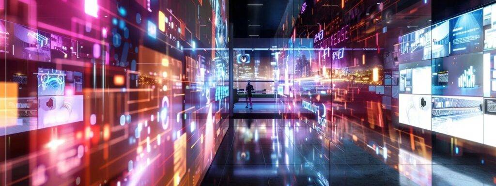 a futuristic office environment showcases an ai agent seamlessly interacting with advanced business automation technology, with screens displaying data and innovative workflows, emphasizing the dynamic collaboration between humans and machines in transforming operational efficiency.