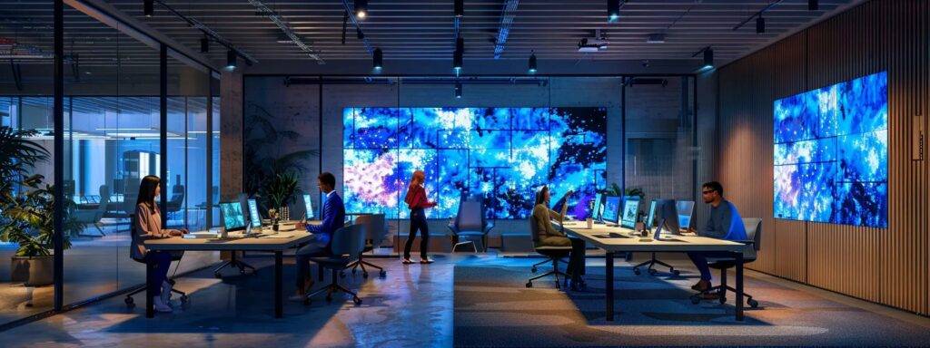 a futuristic office space buzzing with energy, showcasing diverse professionals interacting with sleek ai agents on high-tech screens, embodying innovation across various industries.