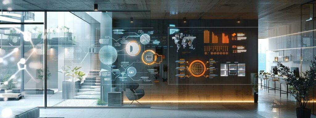 a futuristic office space features sleek ai agents integrated into digital commerce platforms, displaying vibrant holographic interfaces that illustrate real-time market transformations.