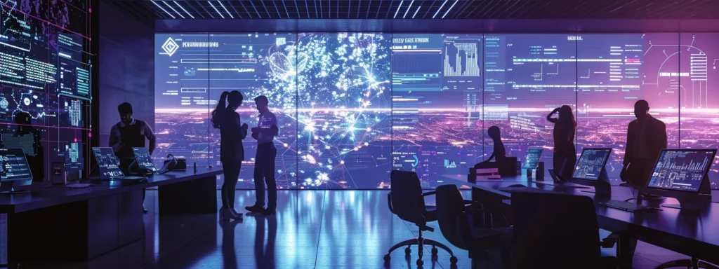 a modern office environment showcases a diverse team of professionals collaborating around a sleek conference table, analyzing data visualizations on digital screens, symbolizing the optimization of data foundations for enhanced ai outcomes in clinical trials and disease research.