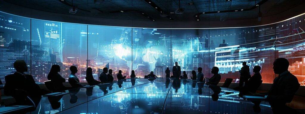 a modern office filled with diverse professionals engaged in animated discussions around a sleek conference table, with futuristic ai technology projected on screens, highlighting the dynamic integration of ai agents into the business model.