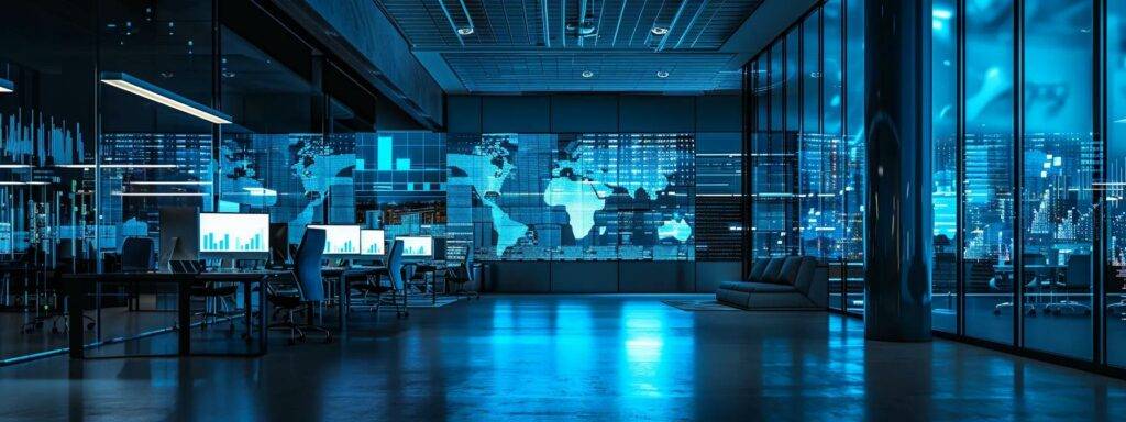 a modern office setting illuminated by dynamic screens displays ai-generated data analytics and consumer trends, highlighting the rapid adaptation of marketing strategies to shifting consumer behaviors.