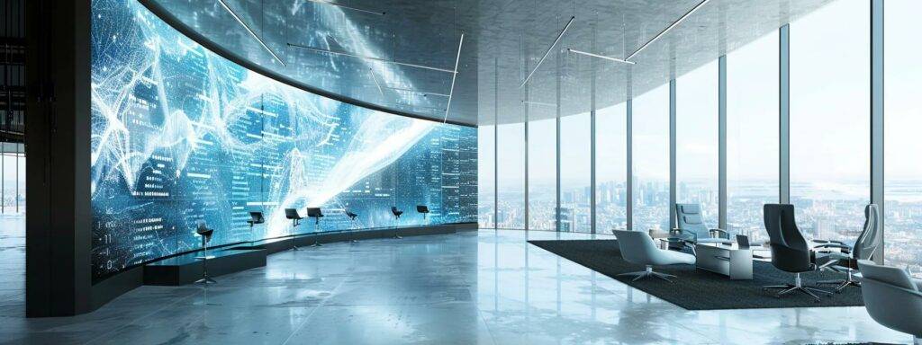 a sleek, futuristic office environment showcases a large digital screen displaying complex data patterns and ai algorithms, emphasizing the autonomous capabilities and decision-making power of ai agents in a high-tech workspace.