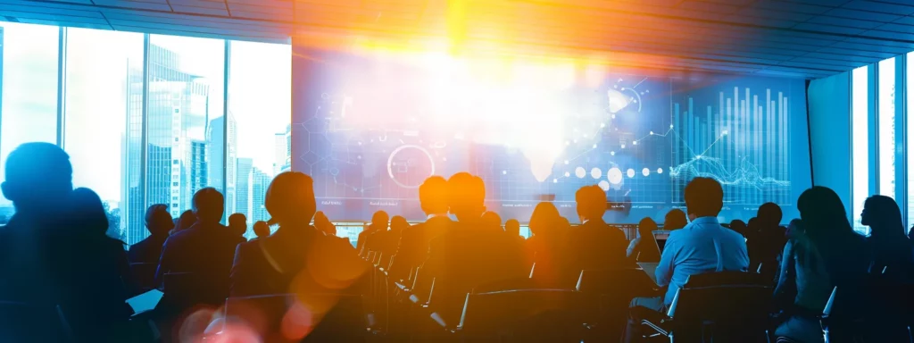 a sleek, modern conference room filled with professionals engaged in a strategic discussion, illuminated by bright overhead lighting, with a large screen displaying complex ai model comparisons and technology diagrams.