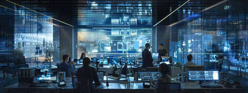 a sleek, modern office environment showcases a diverse team engaged in a strategic meeting, surrounded by digital screens displaying data insights and ai integration flowcharts, emphasizing the critical planning behind successful ai agent implementation.