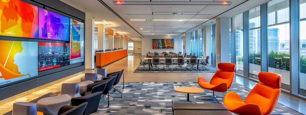 a sleek, modern office environment showcases diverse digital screens displaying dynamic ai-driven marketing analytics and strategies, emphasizing the transformative impact of technology on contemporary marketing campaigns.