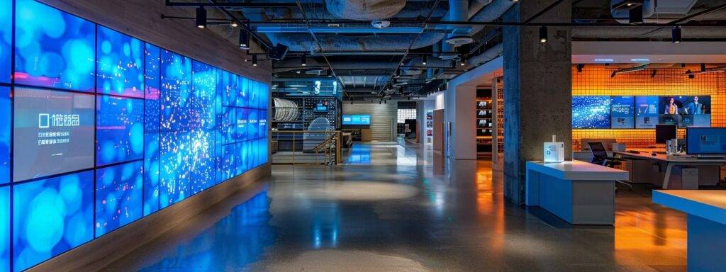 a sleek, modern office environment filled with dynamic digital screens displaying consumer analytics, showcasing the transformative influence of ai agents on shopping behavior.