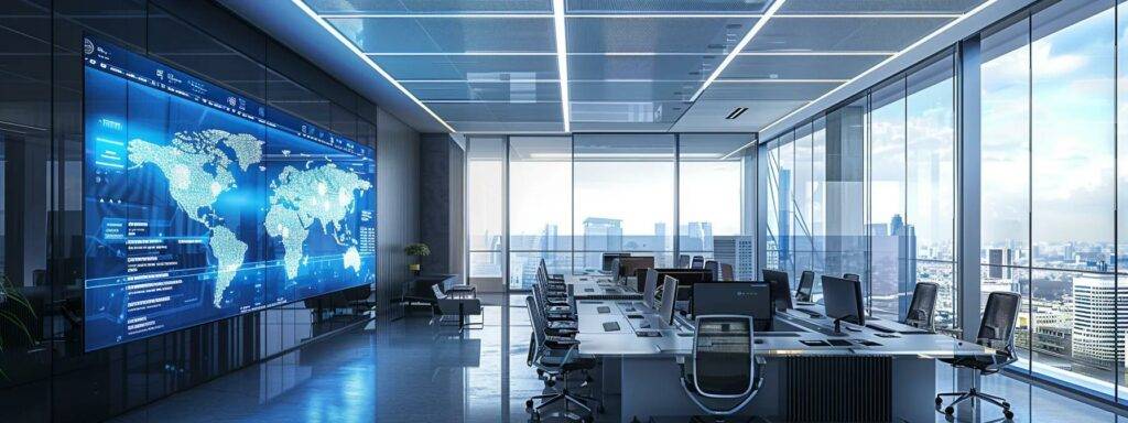 a sleek, modern office environment features a large digital screen displaying dynamic visualizations of ai agents at work, with sophisticated tech gadgets scattered across a polished desk, illustrating the core functionalities and innovations of artificial intelligence.