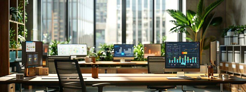 a sleek, modern office featuring multiple computer screens displaying dynamic graphs and data visualizations, illustrating the seamless integration of ai agents with automated business processes in a collaborative workspace.