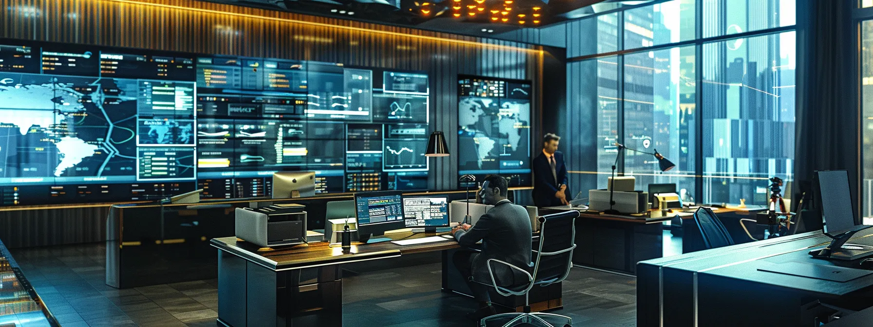 a sleek, modern office filled with sophisticated technology displays and interactive screens, highlighting a sharp-suited executive deeply engaged in strategizing ai optimization amidst a backdrop of digital analytics and performance metrics.