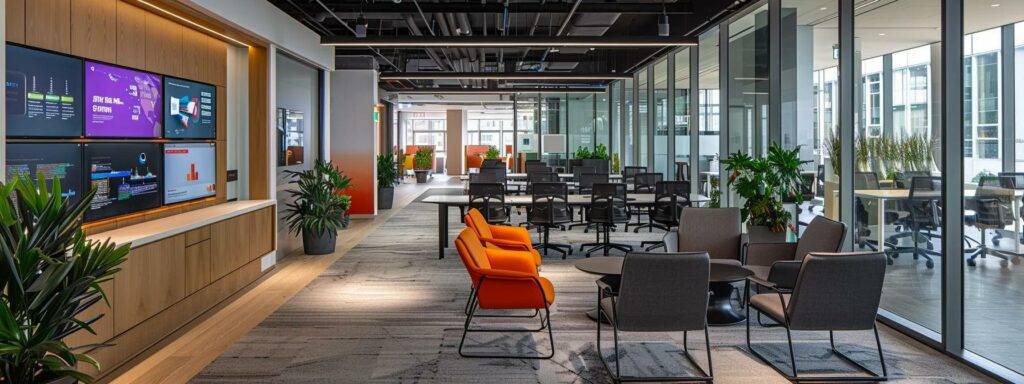 a sleek, modern office filled with digital screens displaying real-time consumer data analytics, showcasing ai agents transforming customer interactions through vibrant graphs and personalized marketing strategies.