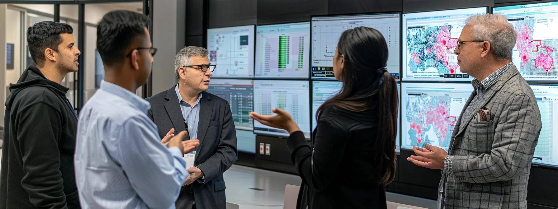 a sleek, modern office setting showcases a diverse group of professionals engaged in intense discussion around a digital display, highlighting the revolutionary impact of ai agents on their industry.
