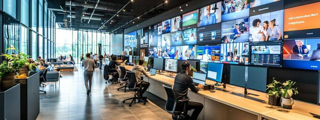 a sleek, modern office space showcases a group of diverse professionals collaborating around advanced digital displays, illustrating the transformative impact of ai agents on business automation and consumer experiences.