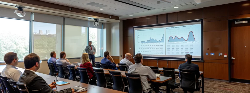 a polished conference room with a modern digital display showcasing performance charts and kpis, while executives attentively analyze and discuss ai project metrics, emphasizing a strategic approach to defining success in technology initiatives.