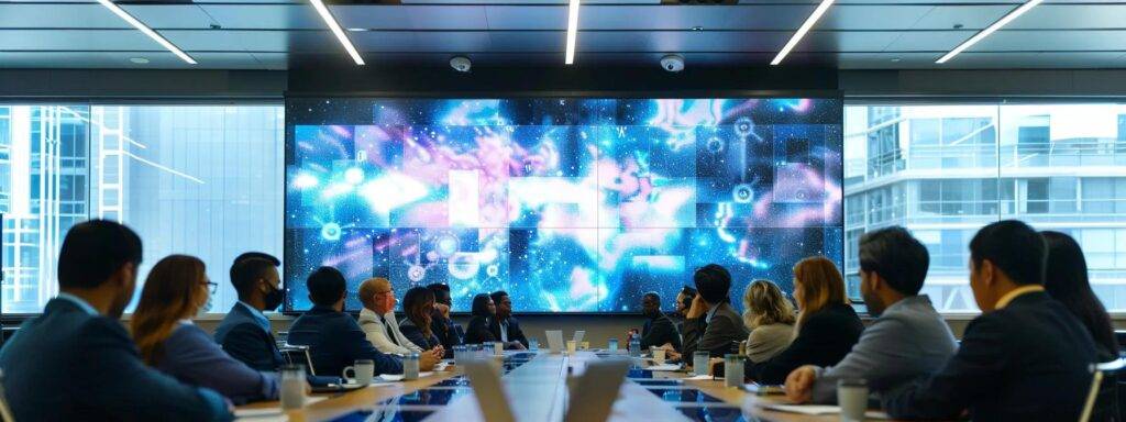 a conference room filled with diverse professionals engaged in a dynamic discussion around a large digital screen displaying actionable strategies to bridge the ai disparity gap, illuminated by modern overhead lighting and sleek furnishings that emphasize innovation and collaboration.
