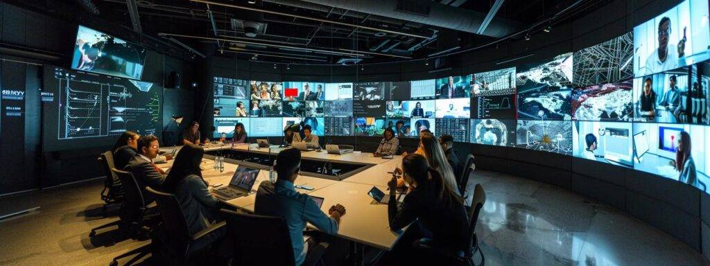 a diverse group of professionals engaged in a dynamic brainstorming session around a modern conference table, surrounded by digital screens displaying inclusive ai concepts and strategies, radiating an atmosphere of collaboration and innovation.