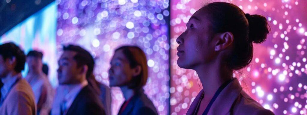 a dynamic tech conference scene showcases diverse professionals engaging with innovative ai tools and platforms on sleek digital screens, highlighting inclusivity and collaboration in reducing ai disparities.