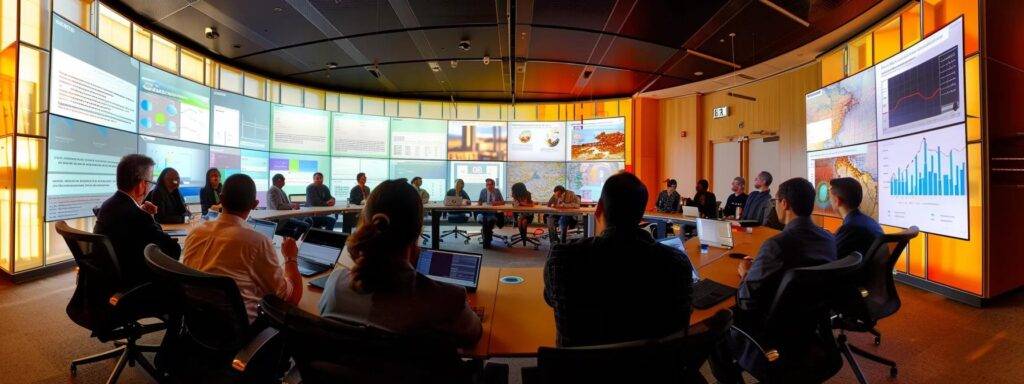 a modern office conference room showcases a diverse group of professionals engaged in a dynamic discussion, surrounded by digital screens displaying charts and graphs on ai policy and regulation, emphasizing the critical role of governance in fostering ethical technology use.