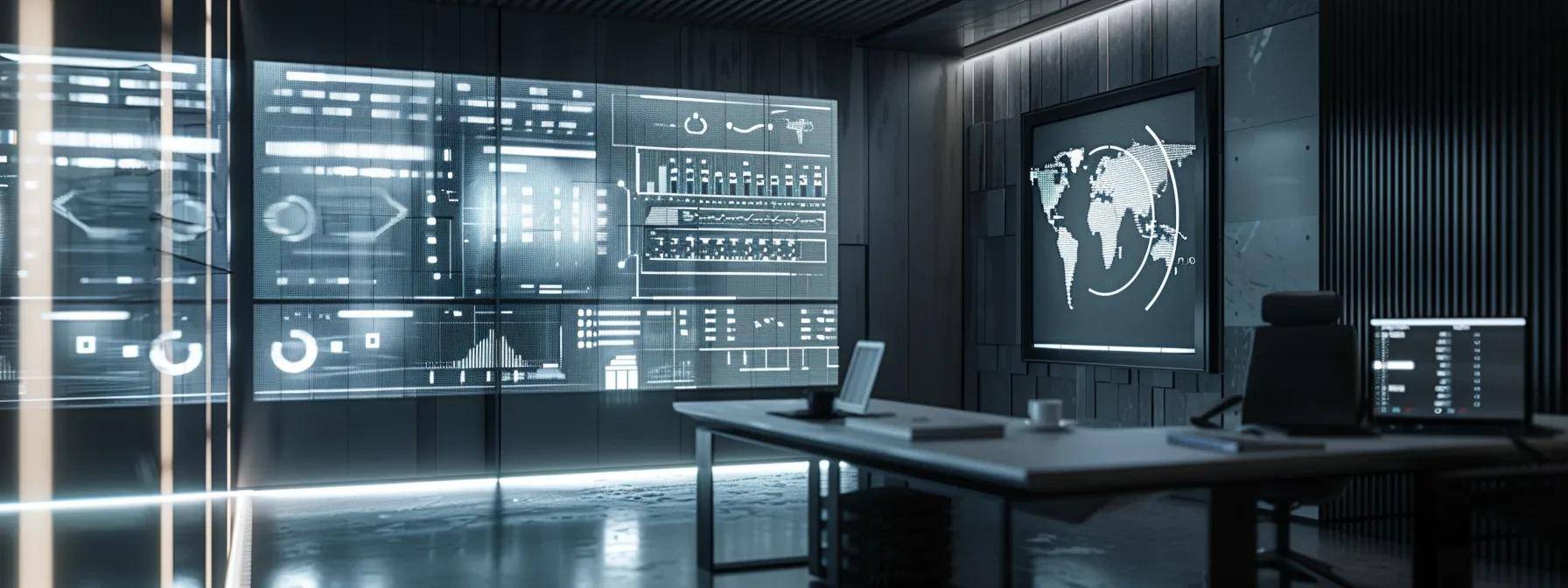 a monochromatic urban workspace features a sleek, futuristic ai interface on a large screen, contrasting with a somber backdrop of data analytics charts, highlighting the stark disparity in ai accessibility among professionals.