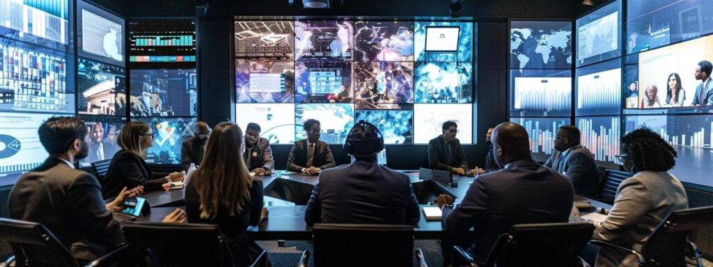a powerful and dynamic urban office scene captures a diverse group of professionals engaged in a heated discussion at a sleek conference table, with digital screens displaying stark contrasts between advanced ai technology and traditional methods, emphasizing the divide of access and opportunity presented by the ai disparity gap.