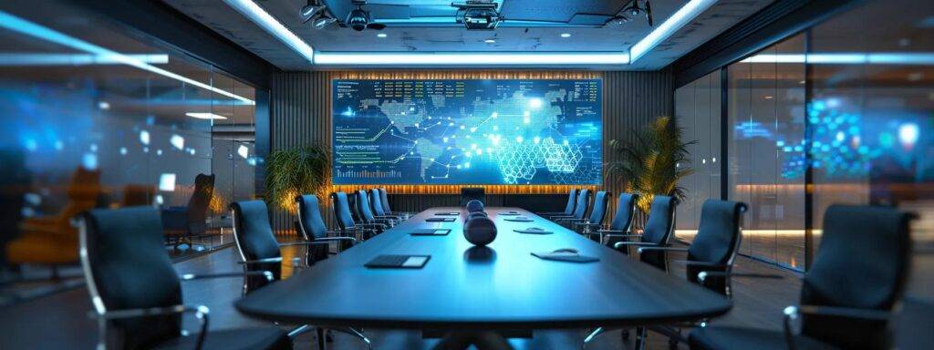 a sleek, modern office conference room features a large, interactive screen displaying complex data visualizations on ai trends and disparity, illuminated by vibrant led lights that create a dynamic atmosphere of innovation and collaboration.