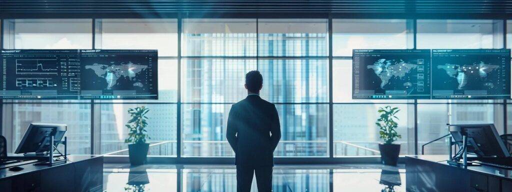 a sleek, modern office setting showcases a finance vp captivated by a dynamic visual display of advanced ai tools seamlessly integrating with financial systems, highlighting automated tasks and sophisticated analytics on large screens in an immersive, technology-driven atmosphere.