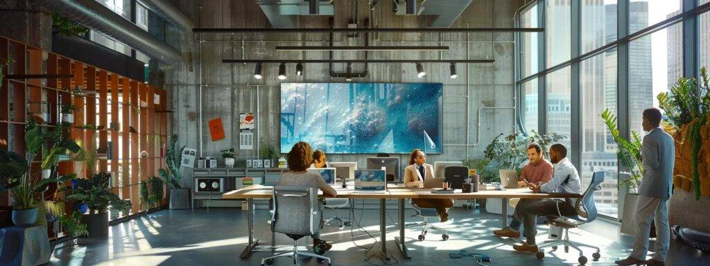 a visually striking urban office filled with diverse professionals engaged in tense discussions around a large digital screen displaying alarming statistics about the widening ai disparity gap, emphasizing the urgent societal implications of unequal access to technology.