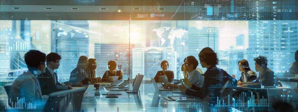 a bustling modern office demonstrates finance professionals collaborating around a sleek conference table, engaged in animated discussions with digital screens showcasing ai analytics and automation benefits.