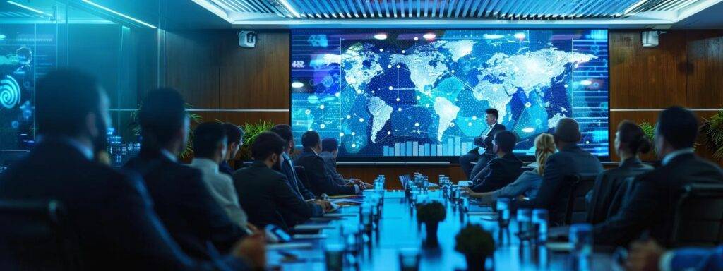 a dynamic corporate meeting room filled with diverse professionals engaged in a heated discussion, showcasing a large digital screen displaying an ai opportunity blueprint, emphasizing the themes of collaboration, challenge, and technological integration.
