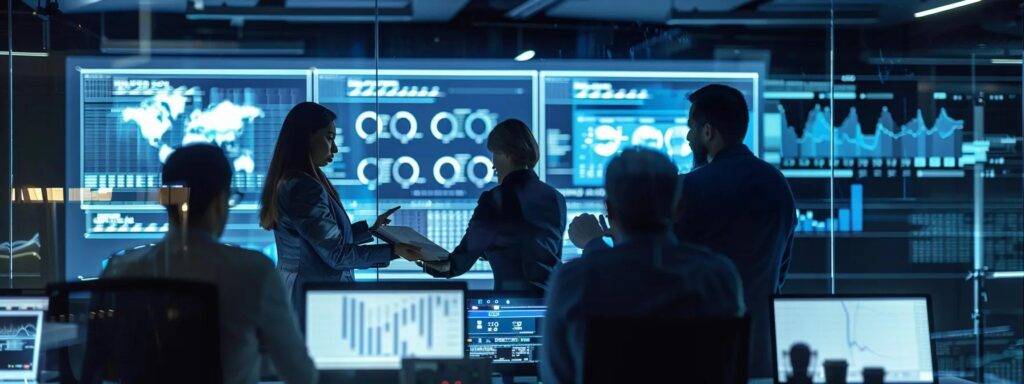 a dynamic office environment showcases a diverse group of professionals engaged in an animated discussion about ai adoption, surrounded by digital screens displaying charts and projected timelines, highlighting the strategic aspects of the ai opportunity blueprint.