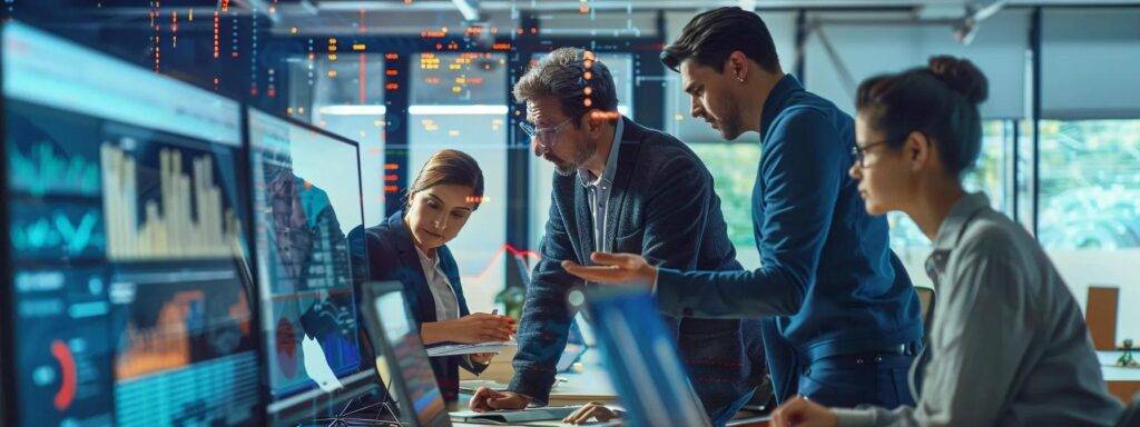 a dynamic office environment showcases a diverse team of professionals collaborating over digital screens and strategic documents, emphasizing a focus on innovative ai implementation strategies for startups.