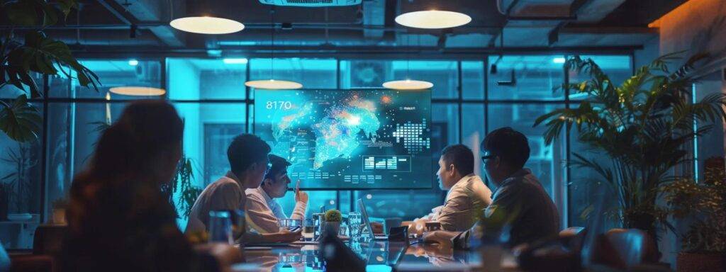a dynamic office environment showcases a diverse team of professionals engaged in a collaborative brainstorming session, illuminated by sleek overhead lighting, as they explore a vibrant digital presentation highlighting successful case studies of the ai opportunity blueprint for non-tech teams.