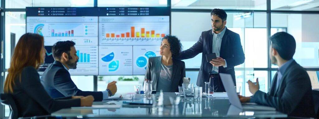 a dynamic office environment showcases a diverse team of professionals collaborating around a modern conference table, analyzing data-driven charts and ai integration blueprints on digital screens, highlighting the challenges and strategies in adopting advanced technology for business transformation.