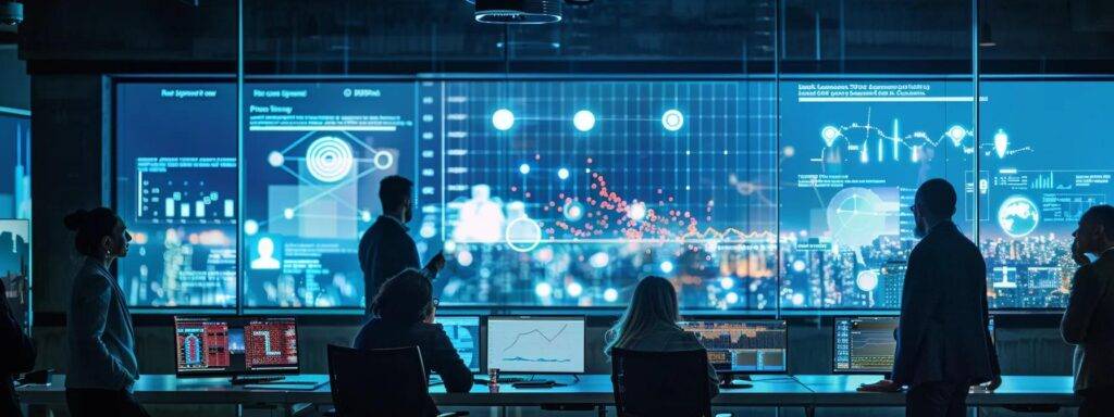 a dynamic office setting featuring a diverse group of professionals engaged in a high-energy brainstorming session, surrounded by digital screens displaying ai project metrics and agile workflow charts, emphasizing the urgency and innovation required for a rapid ai transformation.