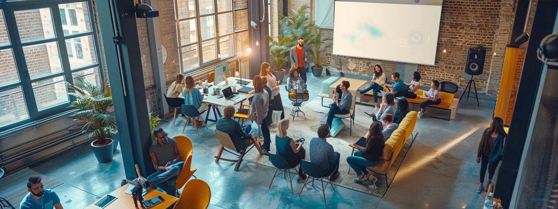 a dynamic startup office bustling with energy, featuring a diverse team of professionals engaged in a vibrant discussion around a digital growth strategy displayed prominently on a large screen, symbolizing the transformative power of ai in driving impressive business growth.