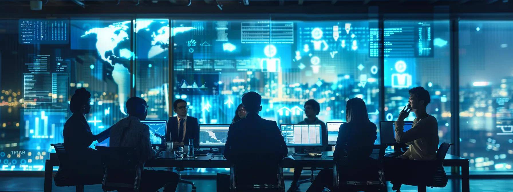 a focused group of diverse professionals engaged in a collaborative brainstorming session, surrounded by digital displays showcasing ai strategy concepts in a sleek, modern conference room.