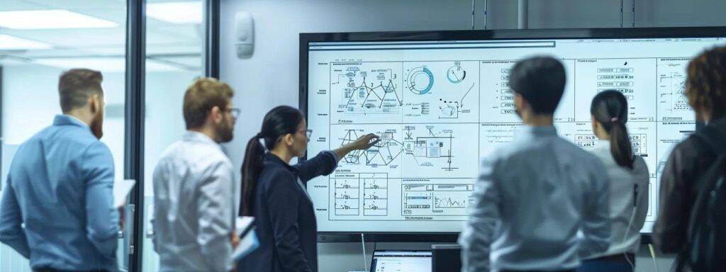 a focused team in a modern office setting gathers around a whiteboard filled with diagrams and flowcharts, collaboratively identifying ai opportunities and discussing business process enhancements.