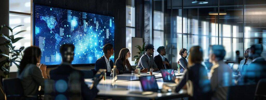 a modern conference room with diverse professionals engaged in a dynamic discussion, showcasing a vibrant digital presentation on equitable ai initiatives, illuminated by bright, focused lighting that emphasizes collaboration and innovation.