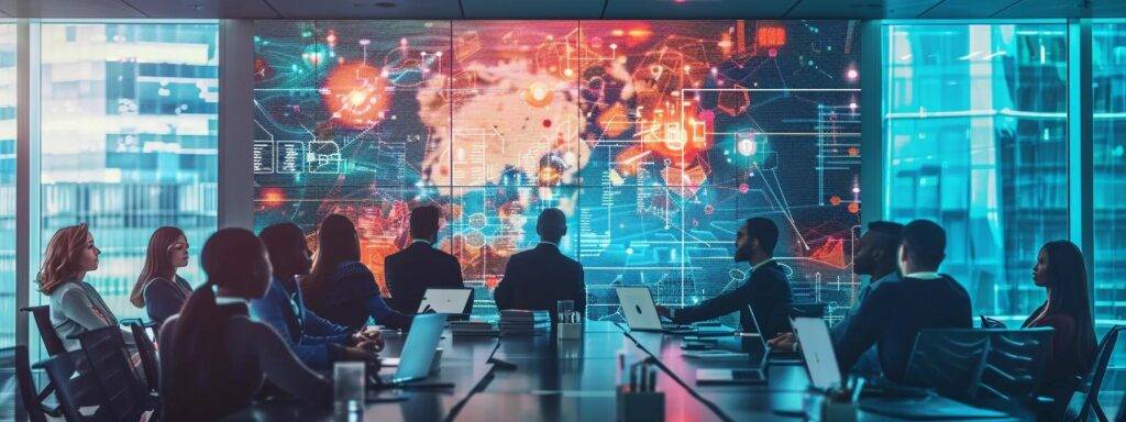 a modern office conference room filled with diverse professionals engaged in a dynamic discussion around a digital screen displaying a vibrant ai opportunity blueprint, showcasing strategic milestones and analytics with a clear, optimistic atmosphere.