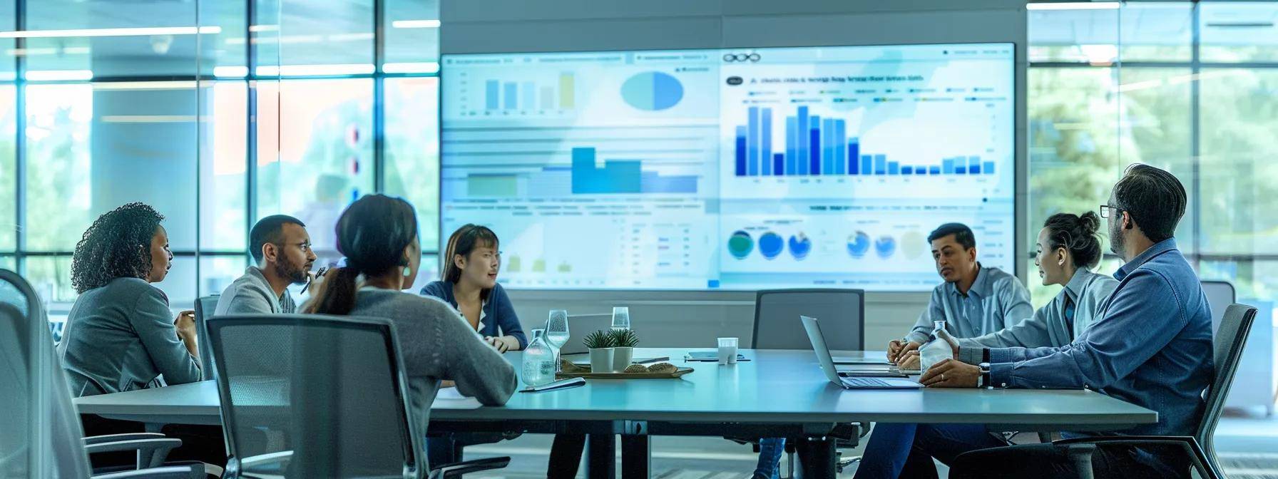 a modern office environment showcases a dynamic team engaged in a collaborative discussion around a sleek conference table, with digital screens displaying data analytics and ai software interfaces, highlighting the innovative efficiency achieved by acme manufacturing.