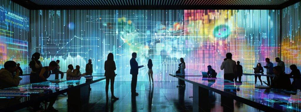 a modern office space casts a spotlight on a diverse group of professionals engaged in a strategic meeting, surrounded by digital displays and charts that illustrate the complexities of the ai disparity gap and the importance of equitable access to technology.