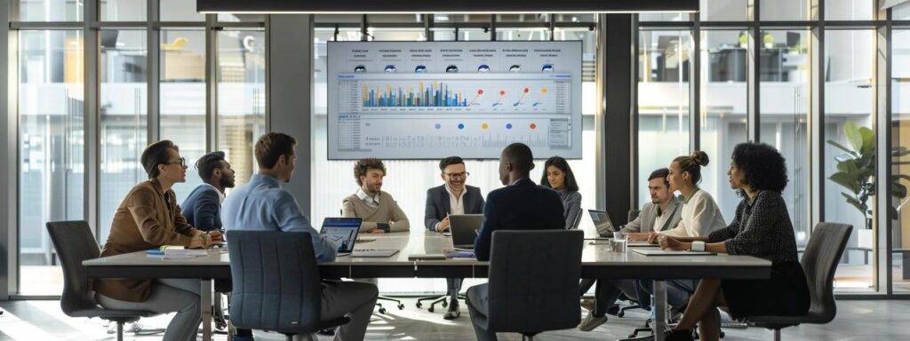 a modern office space features a diverse team gathered around a sleek conference table, engaged in an animated discussion about ai implementation strategies, with a large screen displaying graphs and flowcharts showcasing agile methodologies and project alignment.