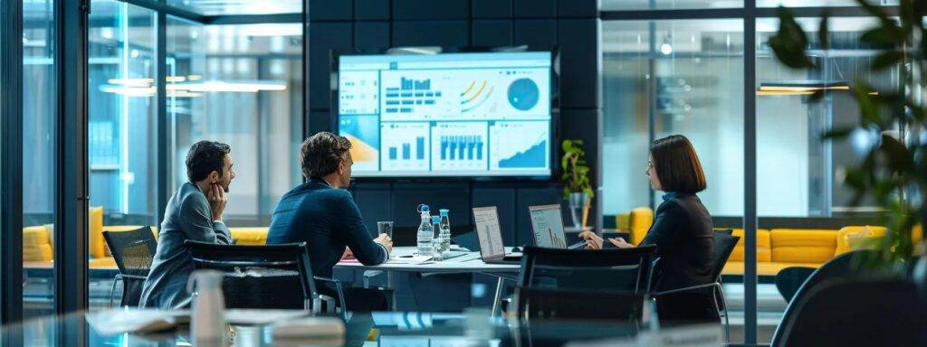 a modern office space filled with professionals engaged in a dynamic discussion around a digital dashboard displaying metrics for ai readiness assessment, emphasizing data quality, workforce skills, and technological infrastructure.