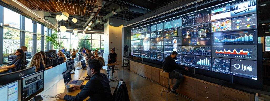 a modern office space is bustling with activity as a diverse team analyzes dynamic data visualizations on large screens, embodying the essence of innovation fueled by ai, which has catalyzed the startup’s impressive 300% growth.