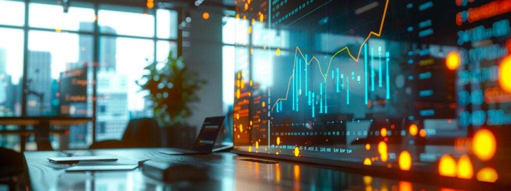 a modern office space showcases dynamic presentations on sleek digital screens, highlighting vibrant graphs and charts of successful ai startup case studies, emphasizing innovative strategies and transformative achievements in a tech-driven environment.