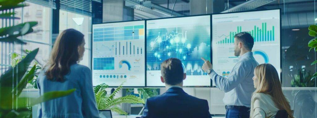 a modern office with digital dashboards displaying impressive roi metrics and performance analytics, showcasing a team engaged in a strategic meeting about the transformative impact of the ai opportunity blueprint on business efficiency and growth.
