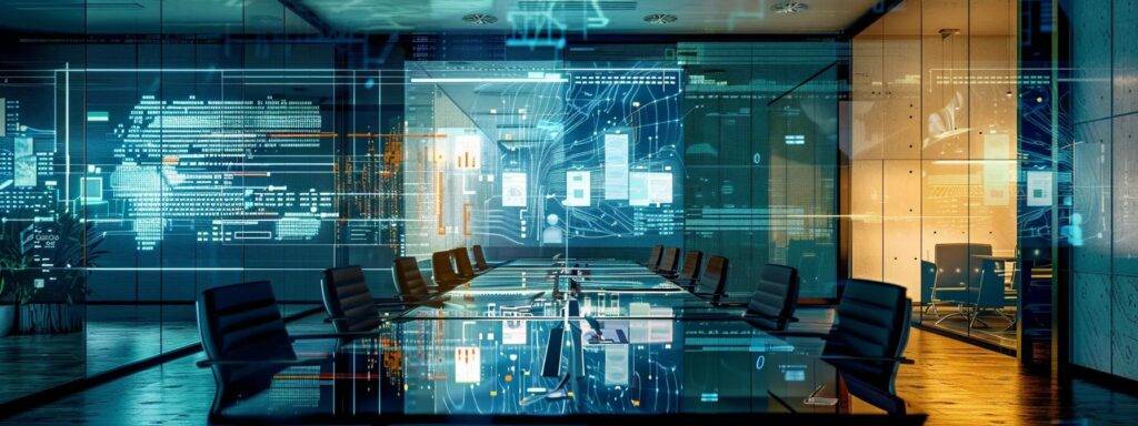 a modern office workspace is depicted, featuring a sleek digital interface displaying the phases of a 90-day ai implementation plan, illuminated by dynamic screens showcasing data flow and analytics, conveying an atmosphere of strategic innovation and collaboration.