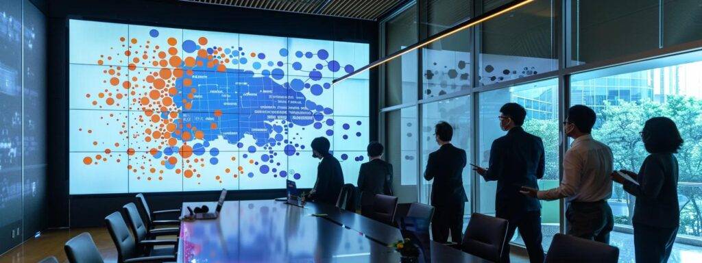 a sleek conference room with a large digital screen displaying a colorful flowchart of an ai opportunity blueprint, surrounded by engaged professionals discussing strategies in a modern, urban office setting.
